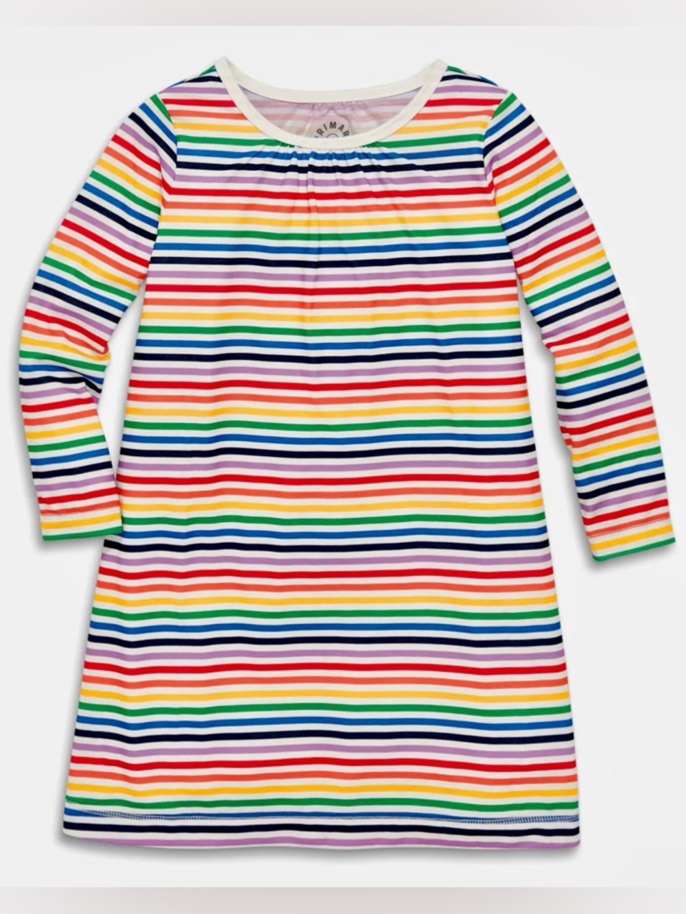 Primary Kid’s Nightgown White/Mini Rainbow Stripe Recycled Material Size 4-5